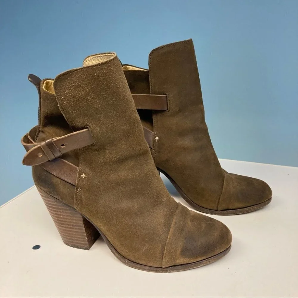 RAG & BONE Sz 38 Harrow Suede Tan Brown Booties w/ Straps Stalked 3.5” Heel - Picture 3 of 10